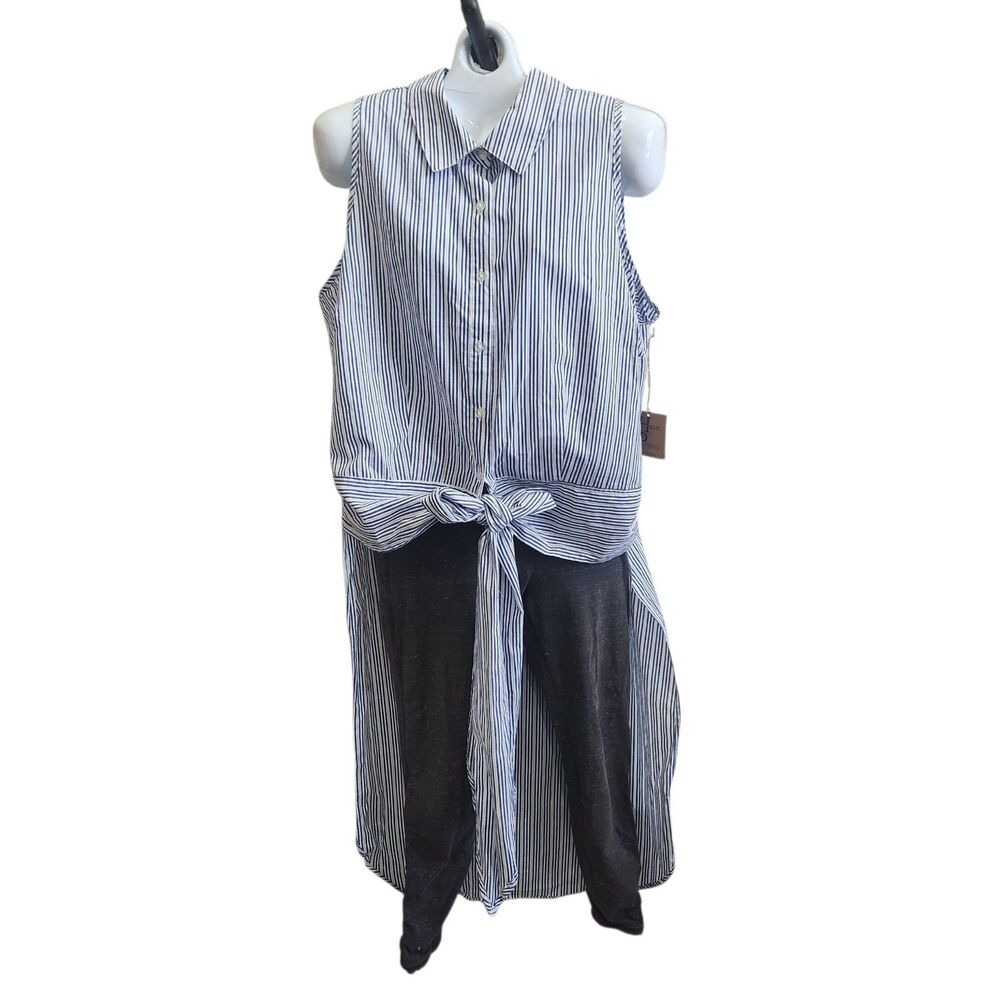 Haute Project NWT Blue PinStripe Hi-Low Duster Tunic Tie Front Coastal Boho 2XL